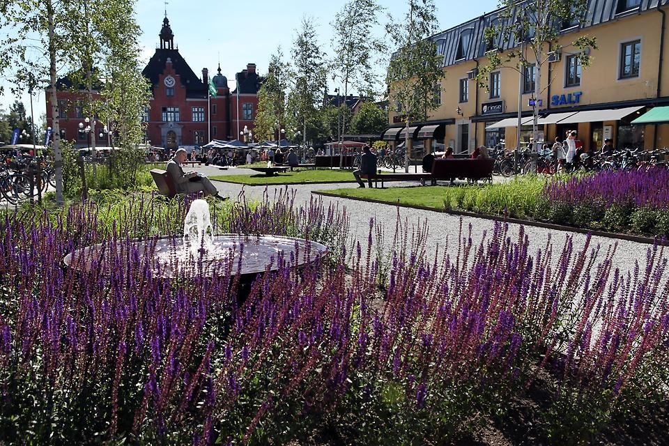 Sommar på Rådhusesplanaden med Rådhuset i bakgrunden