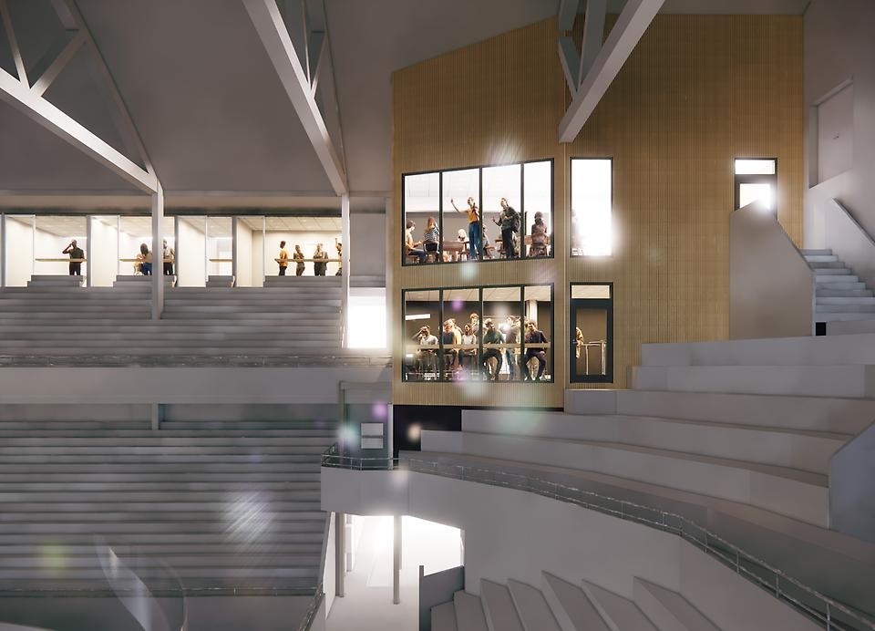 Visualisering av arenans insida mot loge- och loungeområdet. Illustration: Sweco