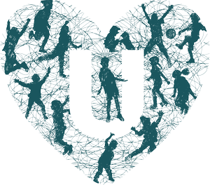 Framtidens Umeås illustration. Barn i rörelse tillsammans med linjer som bildar en finmaskigt nät i bakgrunden. Ett versalt u framträder i vitt mot barnen.