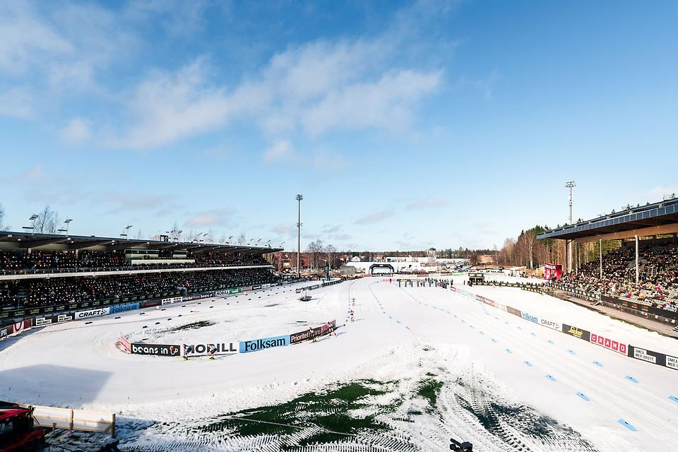 Överblicksbild från skidstadion på Umeå Energi arena Sol under SM-veckan 2026.