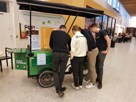 Foto av unga stående vid kommunens dialogcykel inne i Dragonskolans lokaler.