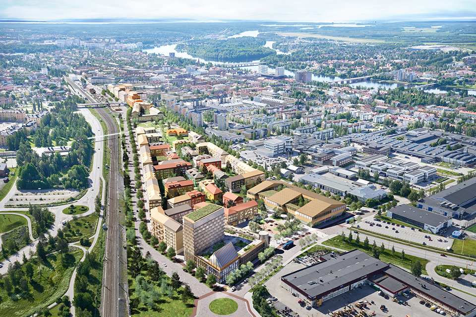 Visionsbild av Stallbacken och Umeå centralstation gjord av White arkitekter.