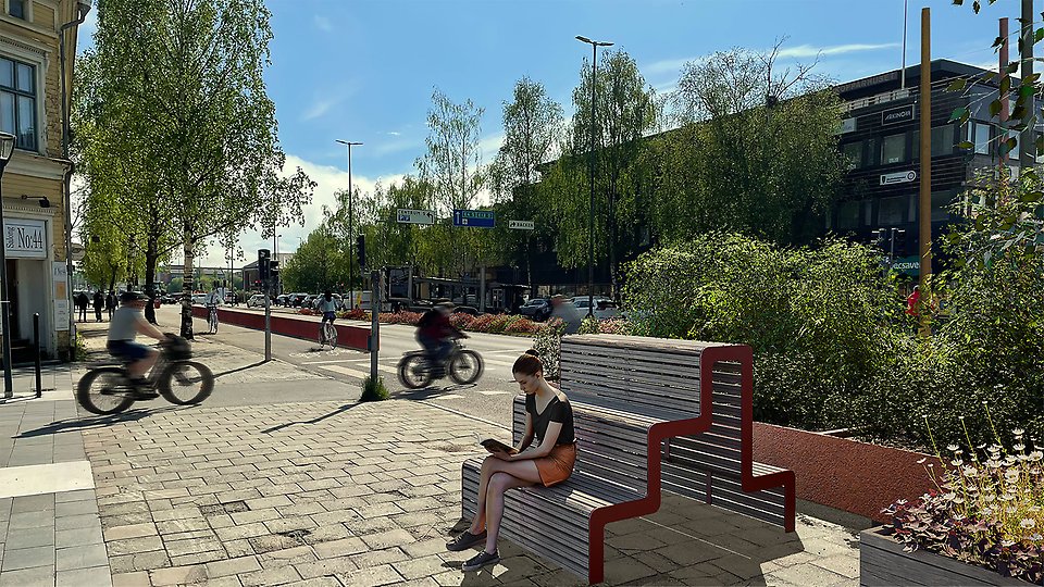 3D-illustration som visar hur en ny cykelbana byggs mellan Storgatan och Kungsgatan. Vyn är från cykelstället ut mot Västra esplanaden. En cyklist cyklar på den nya cykelvägen, en cyklist är på väg att korsa Västra esplanaden. En kvinna sitter och läser vid en bänk.