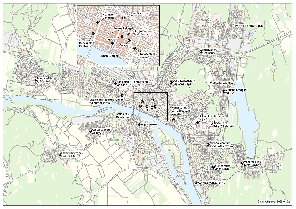 Karta på platser där man får affischera i Umeå