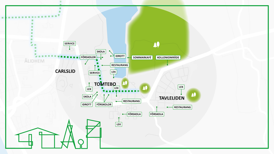 Karta 1: Kartillustration med exempel på funktioner på Tomtebo och Tavleliden.