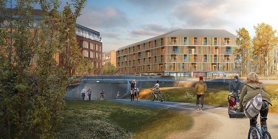 Tomtebo strand sett från cykelvägen från Ålidhem. Vi ser de verksamhetsbyggnader som ska ligga utmed E4.